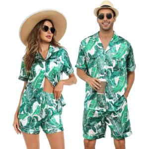 image:imageSWOMOG Satin Matching Pajamas Sets Couple Silk Button Down Nightwear Women amp Men Short Sleeve Sleepwear 2 Pieces LoungewearWhite Leaves