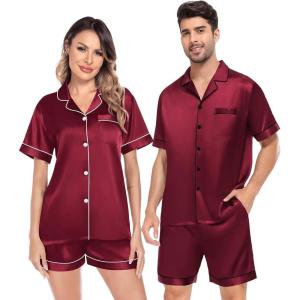 image:imageSWOMOG Satin Matching Pajamas Sets Couple Silk Button Down Nightwear Women amp Men Short Sleeve Sleepwear 2 Pieces LoungewearWine Red