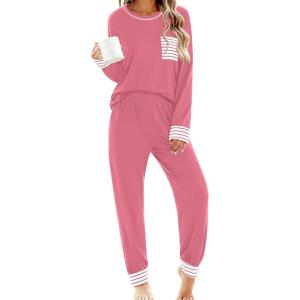 image:imageSWOMOG Womens Pajamas Set Long Sleeve Sleepwear with Long Pants Soft Modal Loungewear Pj SetCoral
