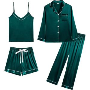 image:imageSWOMOG Womens Silk Satin Pajamas Sets 4pcs Loungewear Sexy Cami Shorts Set Button Down Long Sleeve Pjs SleepwearDark Green