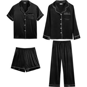 image:imageSWOMOG Womens Silk Satin Pajamas Sets 4pcs Loungewear Sexy Cami Shorts Set Button Down Long Sleeve Pjs SleepwearLong Sleeve Classicblack