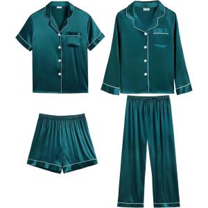 image:imageSWOMOG Womens Silk Satin Pajamas Sets 4pcs Loungewear Sexy Cami Shorts Set Button Down Long Sleeve Pjs SleepwearLong Sleeve Classicdeep Green