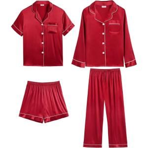 image:imageSWOMOG Womens Silk Satin Pajamas Sets 4pcs Loungewear Sexy Cami Shorts Set Button Down Long Sleeve Pjs SleepwearLong Sleeve Classicred 1