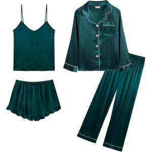 image:imageSWOMOG Womens Silk Satin Pajamas Sets 4pcs Loungewear Sexy Cami Shorts Set Button Down Long Sleeve Pjs SleepwearLong Sleevedark Green