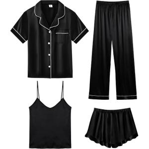 image:imageSWOMOG Womens Silk Satin Pajamas Sets 4pcs Loungewear Sexy Cami Shorts Set Button Down Long Sleeve Pjs SleepwearShort Sleeveblack