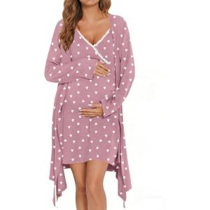 image:imageSWOMOG Womens Maternity Robe 2 Piece Nursing Nightgown for Breastfeeding 3 in 1 Labor Delivery Nursing Dress Lace BathrobeTaro Purple Heart