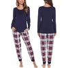 image:imageSWOMOG Christmas Pajamas Set for Couples Long Sleeve Sleepwear Women amp Men Matching Pjs Set Loungewear SetNavy Blue  Solid Top