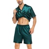 image:imageSWOMOG Couple Satin Matching Pajamas Sets Women amp Men Short Sleeve Sleepwear Silk Button Down Nightwear 2 Pieces LoungewearDark Green