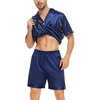 image:imageSWOMOG Couple Satin Matching Pajamas Sets Women amp Men Short Sleeve Sleepwear Silk Button Down Nightwear 2 Pieces LoungewearDark Navy Blue