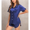 image:imageSWOMOG Couple Satin Matching Pajamas Sets Women amp Men Short Sleeve Sleepwear Silk Button Down Nightwear 2 Pieces LoungewearDark Navy Blue