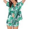 image:imageSWOMOG Couple Satin Matching Pajamas Sets Women amp Men Short Sleeve Sleepwear Silk Button Down Nightwear 2 Pieces LoungewearGreen Leaf