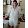 image:imageSWOMOG Cute Pajama Sets for Women 2 Piece Floral Print Short Sleeve Button Down Shirt and Shorts Summer Sleepwear LoungewearBlue Stripe Floral