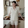 image:imageSWOMOG Cute Pajama Sets for Women 2 Piece Floral Print Short Sleeve Button Down Shirt and Shorts Summer Sleepwear LoungewearLight Purple Flower