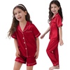 image:imageSWOMOG Kids Silk Pajamas 3 Piece Girls Boys Satin Pajamas Set ButtonDown PJs Set Soft Loungewear Short Sleeve SleepwearRed 1