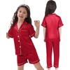 image:imageSWOMOG Kids Silk Pajamas 3 Piece Girls Boys Satin Pajamas Set ButtonDown PJs Set Soft Loungewear Short Sleeve SleepwearRed 1