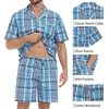 image:imageSWOMOG Mens 100 Cotton Pajama Set 2Pcs Button Down Pjs Set Short Sleeve Sleepwear with Pocket Soft Summer Stripe NightwearBlue Grey Plaid