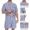 image:imageSWOMOG Mens 100 Cotton Pajama Set 2Pcs Button Down Pjs Set Short Sleeve Sleepwear with Pocket Soft Summer Stripe NightwearBrown White Plaid