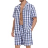 image:imageSWOMOG Mens 100 Cotton Pajama Set 2Pcs Button Down Pjs Set Short Sleeve Sleepwear with Pocket Soft Summer Stripe NightwearBrown White Plaid