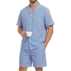 image:imageSWOMOG Mens 100 Cotton Pajama Set 2Pcs Button Down Pjs Set Short Sleeve Sleepwear with Pocket Soft Summer Stripe NightwearClassic Stripes
