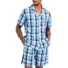 image:imageSWOMOG Mens 100 Cotton Pajama Set 2Pcs Button Down Pjs Set Short Sleeve Sleepwear with Pocket Soft Summer Stripe NightwearGrey Royal Blue Plaid