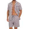 image:imageSWOMOG Mens 100 Cotton Pajama Set 2Pcs Button Down Pjs Set Short Sleeve Sleepwear with Pocket Soft Summer Stripe NightwearWhite Brown Plaid