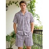 image:imageSWOMOG Mens 100 Cotton Pajama Set 2Pcs Button Down Pjs Set Short Sleeve Sleepwear with Pocket Soft Summer Stripe NightwearWhite Brown Plaid