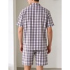 image:imageSWOMOG Mens 100 Cotton Pajama Set 2Pcs Button Down Pjs Set Short Sleeve Sleepwear with Pocket Soft Summer Stripe NightwearWhite Brown Plaid