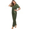 image:imageSWOMOG Women Satin Pajamas Set Short Sleeve Top amp Pants Sleepwear Silky Button Down Nightwear 2pcs Loungewear Pjs SetOlive Green