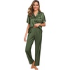 image:imageSWOMOG Women Satin Pajamas Set Short Sleeve Top amp Pants Sleepwear Silky Button Down Nightwear 2pcs Loungewear Pjs SetOlive Green