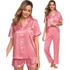 image:imageSWOMOG Womens Silk Satin Pajama Sets 3Pcs Button Down Pj Set Short Sleeve Sleepwear Loungewear Pjs Nightwear XSXXLCoral Red