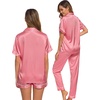 image:imageSWOMOG Womens Silk Satin Pajama Sets 3Pcs Button Down Pj Set Short Sleeve Sleepwear Loungewear Pjs Nightwear XSXXLCoral Red