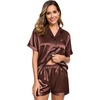 image:imageSWOMOG Womens Silk Satin Pajamas Set Short Sleeve Sleepwear Button Down Top and Shorts Loungewear 2 Piece Pjs Set XS3XLBrown
