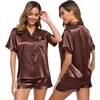 image:imageSWOMOG Womens Silk Satin Pajamas Set Short Sleeve Sleepwear Button Down Top and Shorts Loungewear 2 Piece Pjs Set XS3XLBrown