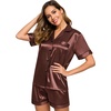image:imageSWOMOG Womens Silk Satin Pajamas Set Short Sleeve Sleepwear Button Down Top and Shorts Loungewear 2 Piece Pjs Set XS3XLBrown