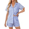 image:imageSWOMOG Women 2 Piece Pajamas Sets Short Sleeve Pj Sets Cute Printed Sleepwear Button Down Shirt with Lounge Shorts SetLight Blue Striped