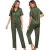 image:imageSWOMOG Women Satin Pajamas Set Short Sleeve Top amp Pants Sleepwear Silky Button Down Nightwear 2pcs Loungewear Pjs SetOlive Green