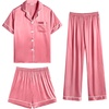 image:imageSWOMOG Womens Silk Satin Pajama Sets 3Pcs Button Down Pj Set Short Sleeve Sleepwear Loungewear Pjs Nightwear XSXXLCoral Red