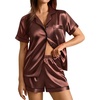 image:imageSWOMOG Womens Silk Satin Pajamas Set Short Sleeve Sleepwear Button Down Top and Shorts Loungewear 2 Piece Pjs Set XS3XLBrown