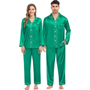 image:imageSWOMOG Family Matching Pajama Set WomenMenKids Satin Pajamas Long Sleeve Sleepwear Button Down Loungewear 2 Pcs Pj SetEmerald Green