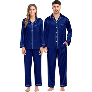 image:imageSWOMOG Family Matching Pajama Set WomenMenKids Satin Pajamas Long Sleeve Sleepwear Button Down Loungewear 2 Pcs Pj SetNavy Blue