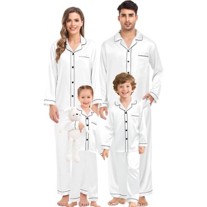 image:imageSWOMOG Family Matching Pajama Set WomenMenKids Satin Pajamas Long Sleeve Sleepwear Button Down Loungewear 2 Pcs Pj SetWhite