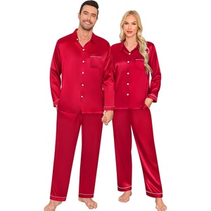 image:imageSWOMOG Family Matching Pajama Set WomenMenKids Satin Pajamas Long Sleeve Sleepwear Button Down Loungewear 2 Pcs Pj SetZ Red With Classic Collar