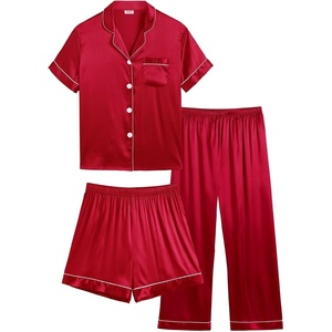 image:imageSWOMOG Kids Silk Pajamas 3 Piece Girls Boys Satin Pajamas Set ButtonDown PJs Set Soft Loungewear Short Sleeve SleepwearRed 1