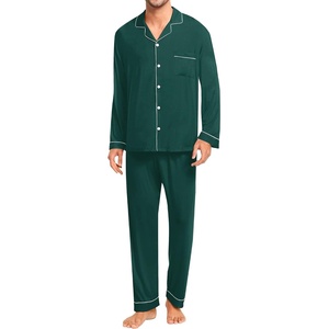 image:imageSWOMOG Men Cotton Pajamas Set Christmas Green Comfy Long Sleeve Sleepwear Soft Button Down Modal Nightwear 2 Piece Pj Set with Pockets