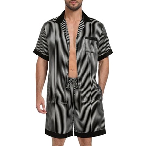 image:imageSWOMOG Men Satin Silk Pajamas Sets with Pockets Short Sleeve ButtonDown PJs Sets 2 Piece Summer Sleepwear SXXLBlack Stripe Gold