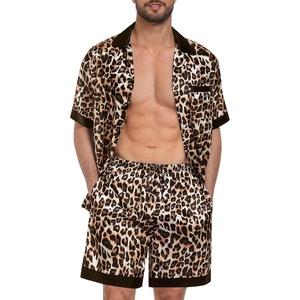image:imageSWOMOG Men Satin Silk Pajamas Sets with Pockets Short Sleeve ButtonDown PJs Sets 2 Piece Summer Sleepwear SXXLLeopard Print