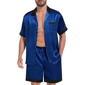 image:imageSWOMOG Men Satin Silk Pajamas Sets with Pockets Short Sleeve ButtonDown PJs Sets 2 Piece Summer Sleepwear SXXLNavy Blue