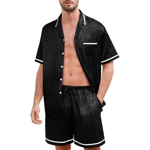 image:imageSWOMOG Men Satin Silk Pajamas Sets with Pockets Short Sleeve ButtonDown PJs Sets 2 Piece Summer Sleepwear SXXLStyleablack Leopard Print
