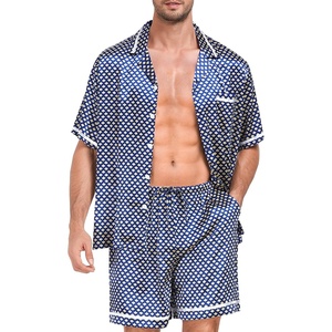 image:imageSWOMOG Men Satin Silk Pajamas Sets with Pockets Short Sleeve ButtonDown PJs Sets 2 Piece Summer Sleepwear SXXLStyleageometric Yellow