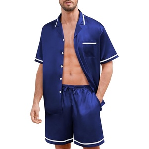 image:imageSWOMOG Men Satin Silk Pajamas Sets with Pockets Short Sleeve ButtonDown PJs Sets 2 Piece Summer Sleepwear SXXLStyleanavy Blue